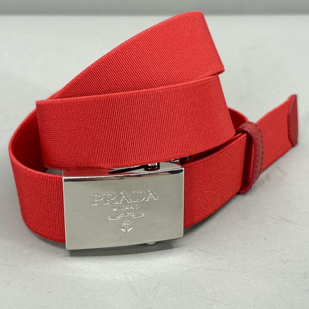 Prada Belt Womens Size M 85 34 Red Elastic Stretch Silver Logo Buckle Made Italy